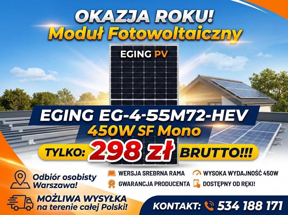 Moduł fotowoltaiczny EGING PV EG-455M72-HEV 450W SF Mono 298zł Brutto!!!