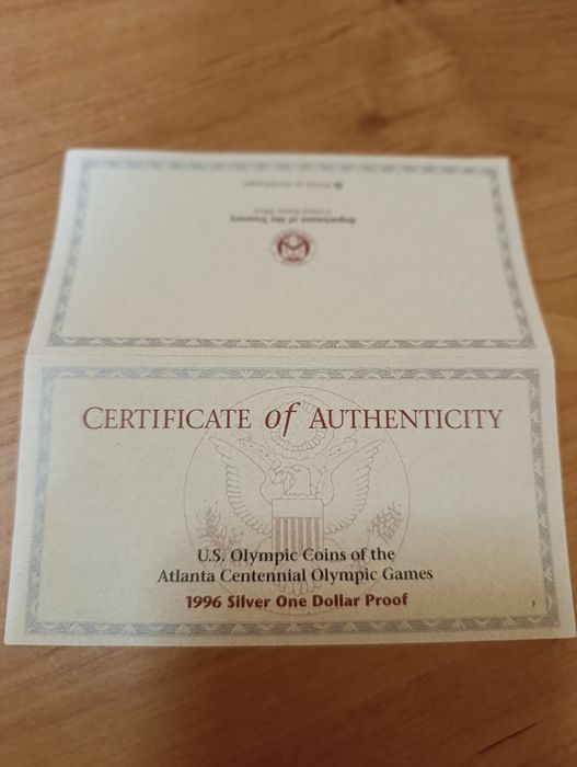США 1 долар. 1996р. XXVI Літні олімпійськи ігри ! СРІБЛО. Сертифікат!