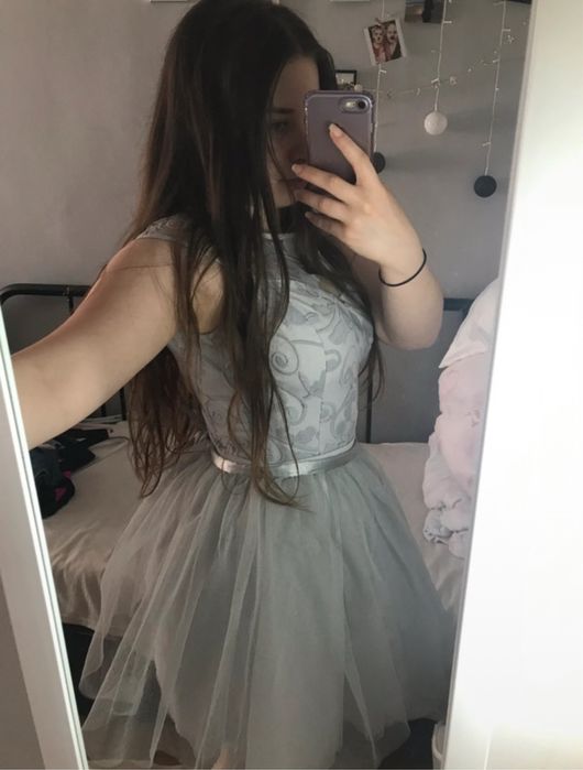 Szara tiulowa sukienka balowa, rozmiar 36