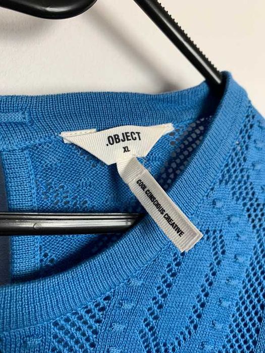 Piękny niebieski sweter na krótki rękaw ażurowy 100% bawełna