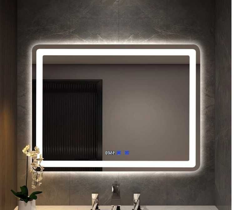 LED дзеркало 80x60 см з підсвіткою, підігрівом та годинником | Прямокутне дзеркало для ванної кімнати з антизапотіванням IP44