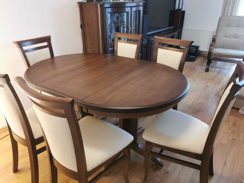 Stół rozkładany, 6 Krzeseł, komoda RTV i Barek zestaw mebli