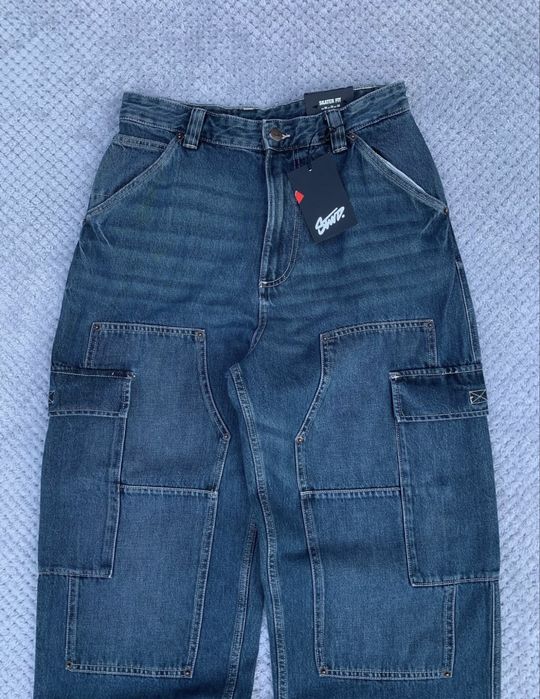 Pull & Bear Skater Fit Cargo Pants Blue плотні карго штани скейтерські