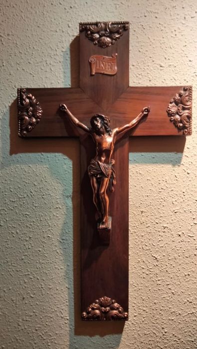 Crucifixo vintage BRONZE e madeira Séc.XIX(19)