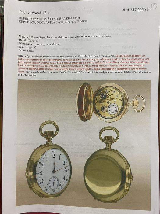 Relogio de Ouro  REPETIDOR AUTOMATICO 18 K