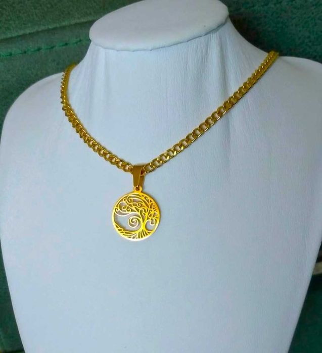 Golden Steel Necklace with Large Beads and Tree of Life Design – NEW
