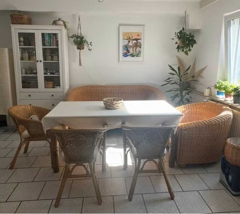 Ratannowy zestaw sofa+ fotel+ 3 krzesła poduszki naturalny rattan