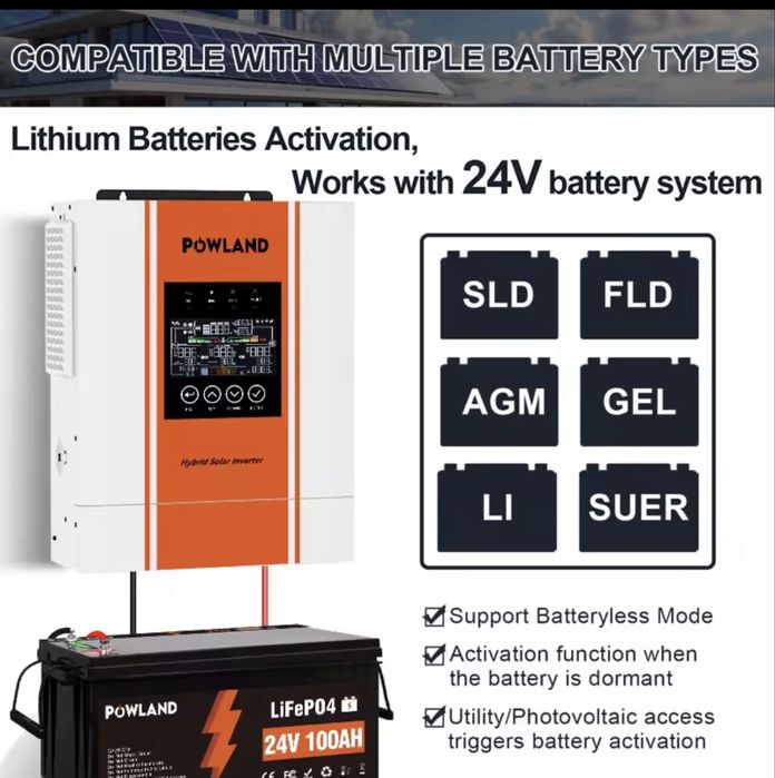Powland 5000в 24в гибридный солнечный инвертор 5000w 24v wifi под солнечные панели lifepo4