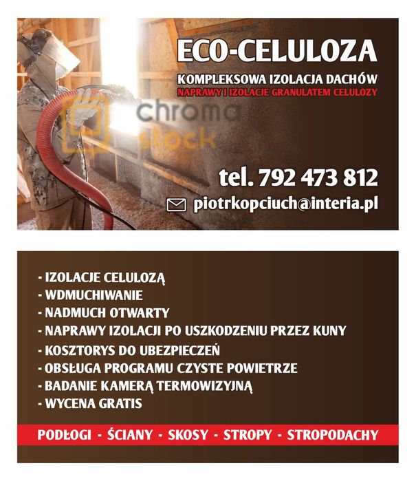 Docieplanie, wdmuchiwanie celulozy i naprawa izolacji dachu przez kuny