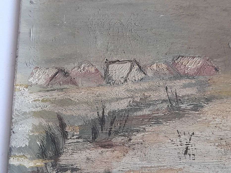 Obraz widok wsi nad rzeką (olej na płycie) 17,5 x 24 cm
