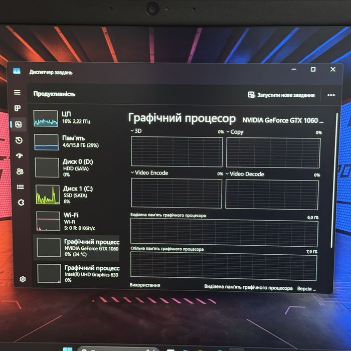 Ігровий ноутбук i7 8750, Gtx 1060 6Gb, 16Gb Ddr4 Dell g15