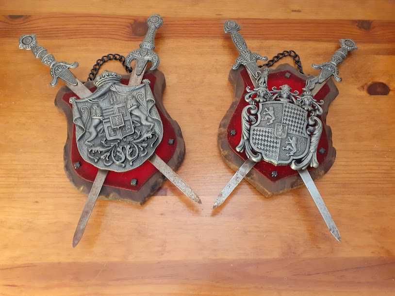 2 Brasão armas Escudo Medieval Cavaleiro caixas madeira Vintage antigo
