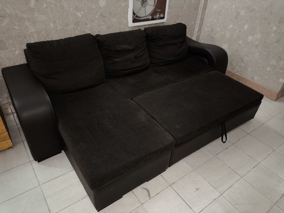 Sofá-Cama com Chaise Longue, Arrumação e Puff Extraível