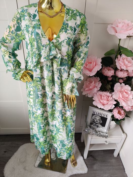 Nowa sukienka szyfonowa z motywem liści Bonprix R.40/42