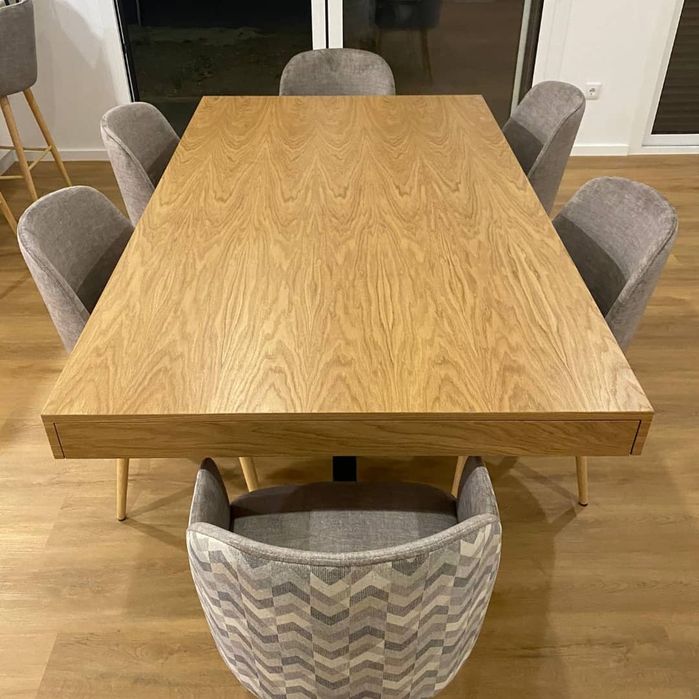 Mesa Jantar Extensível Carvalho Natural e Base Ferro Preto