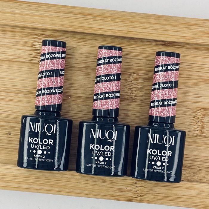 3x Lakier NIUQI Brokat Różowe Złoto 1, hybrydowy led/uv do paznokci