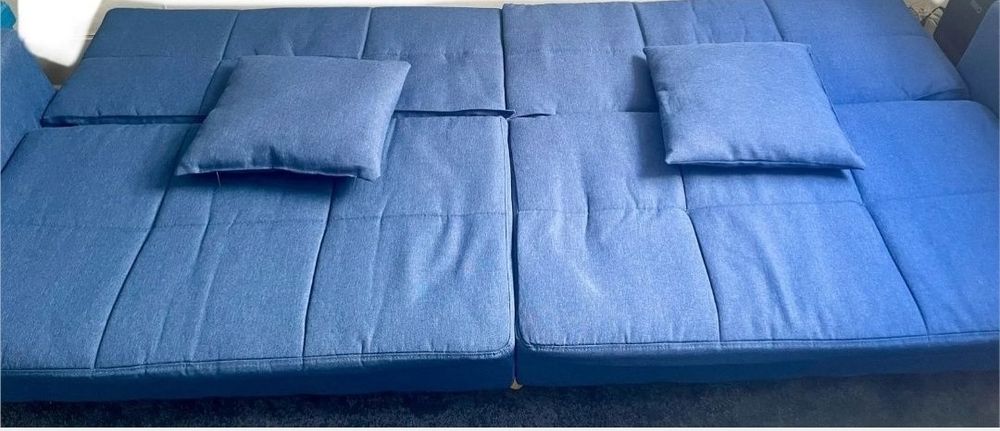 Sofá Cama com 2 Almofadas Tecido Azul 220*84,5*69