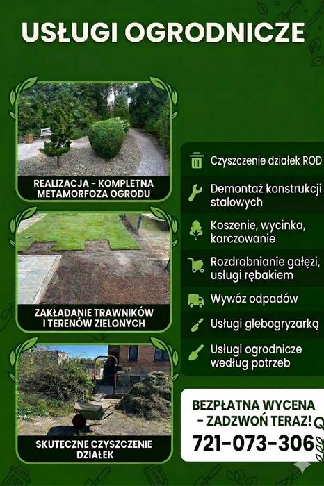 Usługi ogrodnicze Glebogryzarka separacyjną Wycinka Drzew Sprzątanie działek ROD