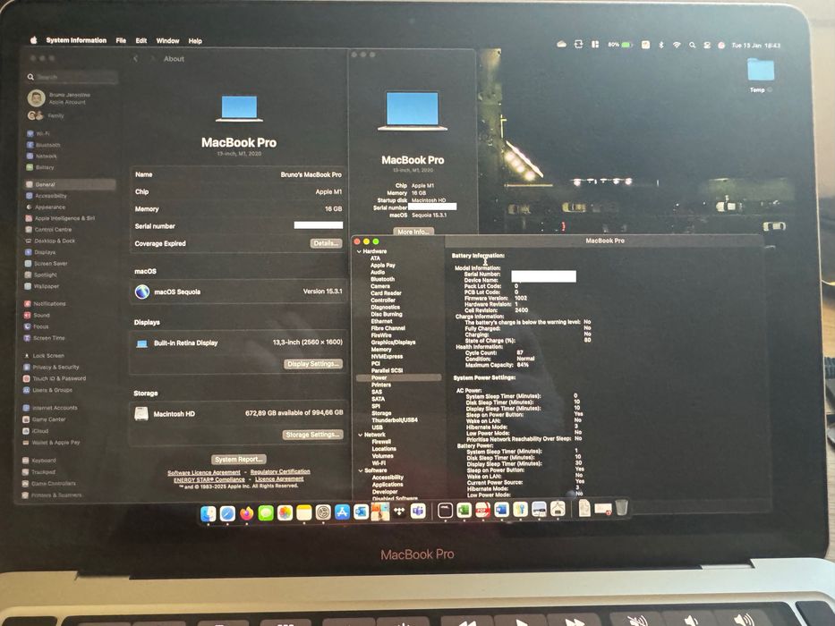 MacBook Pro 13” Apple M1 | 16GB RAM | 1TB SSD |  Prateado | Como novo