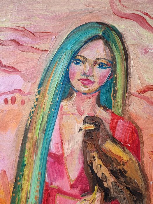 Картина Дівчина з орлом Яскрава помаранчево-рожева красива жінка бохо