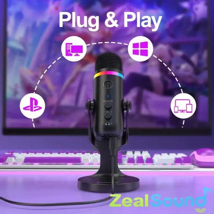 USB мікрофон ZealSound K66 PRO з RGB-підсвіткою для стрімінгу ( noise-canceling, touch control, gain & echo, чорний)