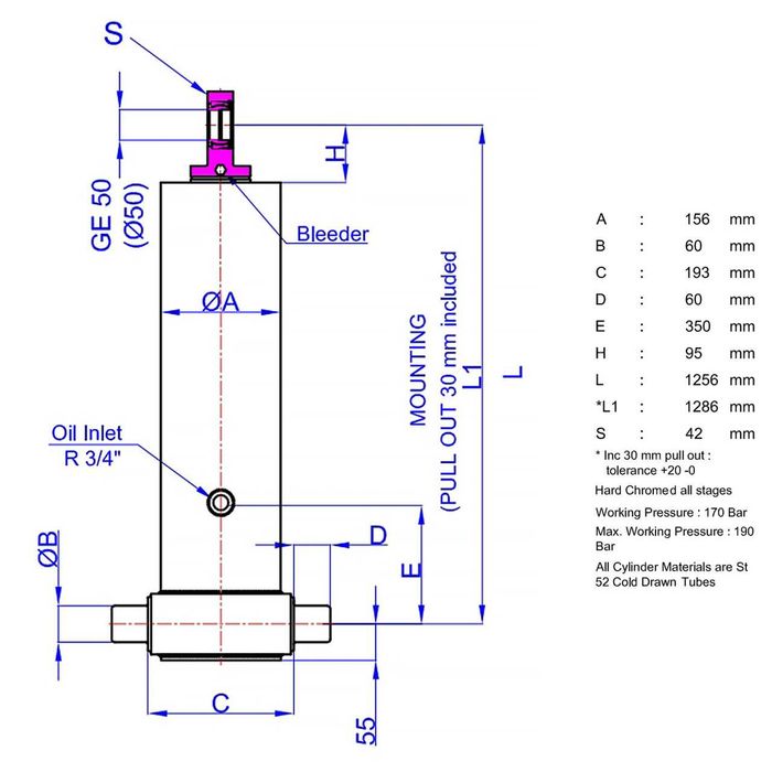 Гідроциліндр підйому кузова Hidromas GHS 135-4-3885-L1256 C (4 штоки)