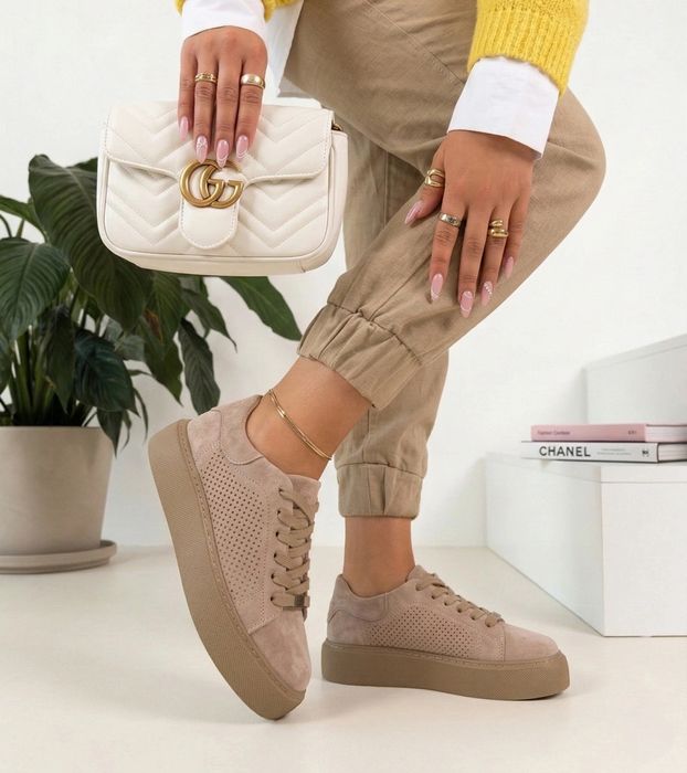 Beżowe Skórzane Sneakersy Na Platformie Filippo