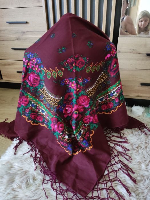 Chusta góralska PRL naramienna wełna burgund brąz 115+15