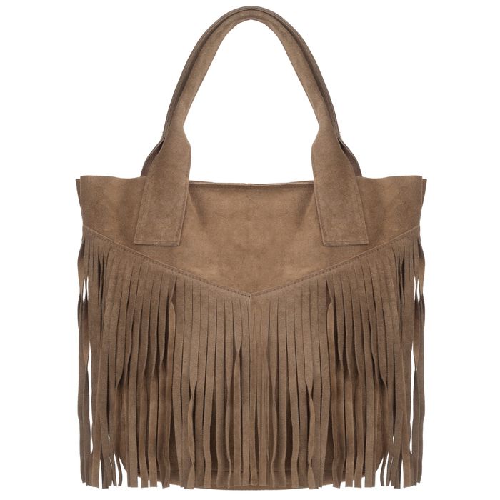 VERA PELLE torebka zamszowa shopper boho z frędzlami V650 taupe