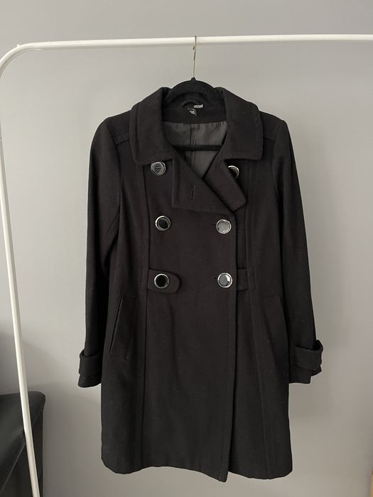 Czarny wełniany płaszcz wełna dwurzędowy h&m divided 34 vintage