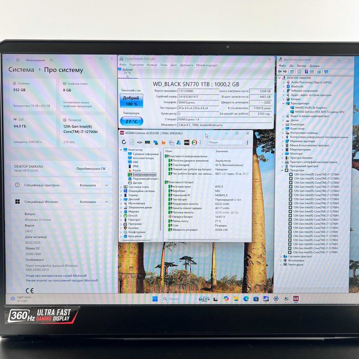 MSI Vector GP76 17 RTX 3070Ti i7-12700H 64GB 1TB 360Hz Гарантія