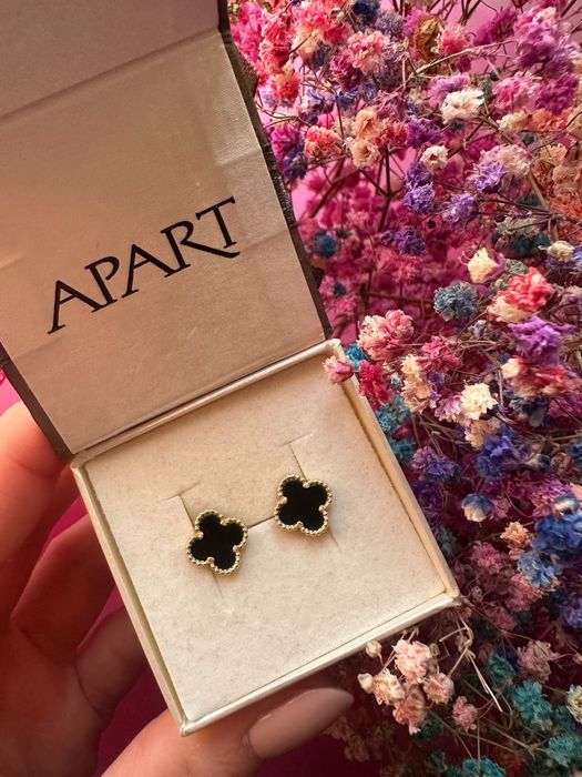 kolczyki koniczynki czarne pozłacane srebro próba 925 nowe sztyfty