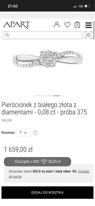 Pierscionek z bialego zlota z diamentami