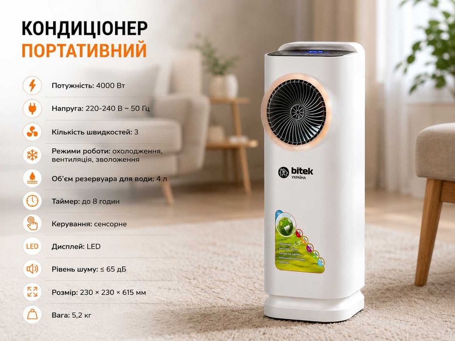 Кондиціонер портативний обігрів/охолодження 100-4000Вт 2л BITEK BT-5500 / Вентилятор для дому та офісу / Зволожувач повітря з функцією охолодження