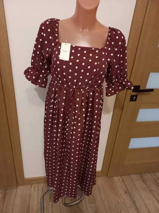 Sukienka brązowa w grochy, boho midi S/36 M/38