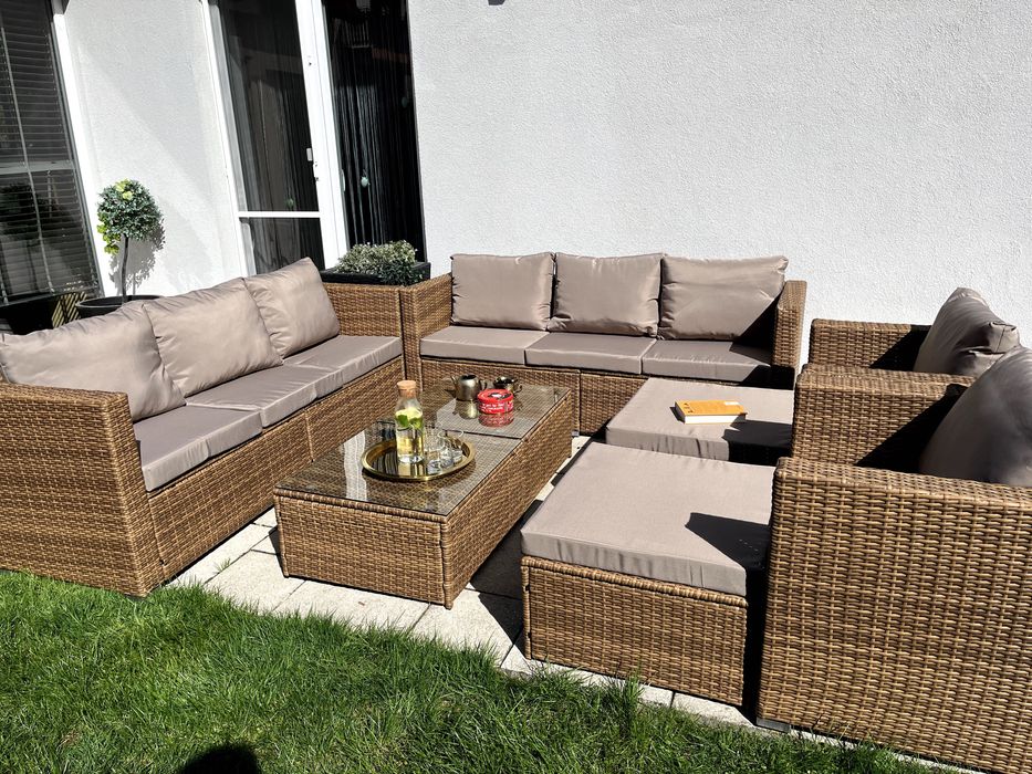 (TM) BORNEO XXL zestaw technorattan beżowoszary sofa fotel pufa