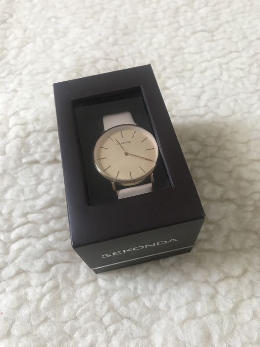 Beżowy, złoty zegarek skórzany Sekonda, elegancki skóra naturalna