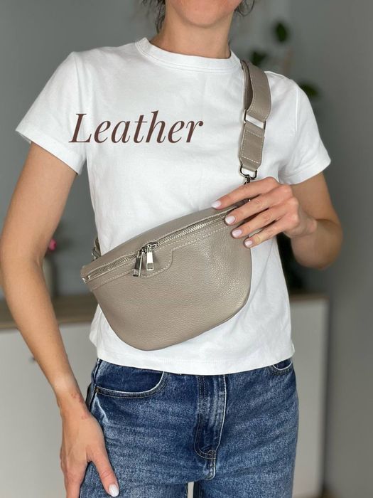 Nowa beżowa taupe mokko nerka z 100% naturalna skóra