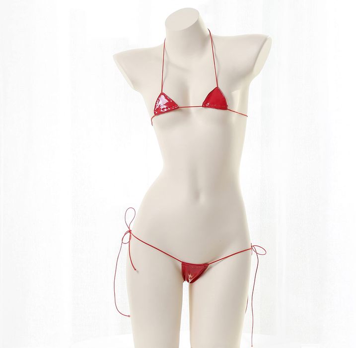 Jersey Micro Bikini na plażę imitacja skóry na gumkach czerwony