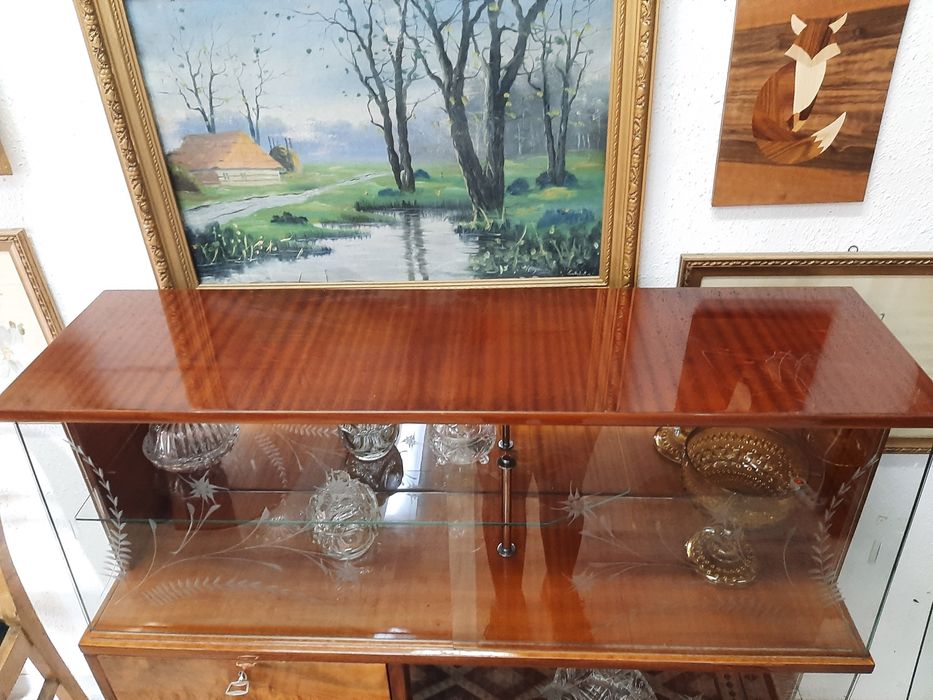 Komoda/Witryna vintage z grawerowanymi szybami | lata 50/60 | oryginał
