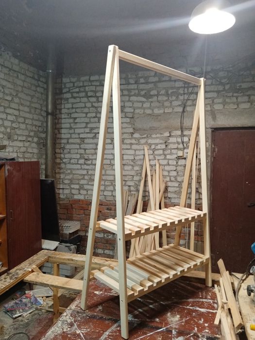 Стійка-вішалка для одягу на дві полички не фарбована. Рейл для одягу