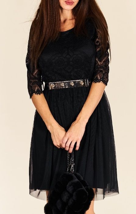 Piękna stylowa włoska sukienka z paskiem- koronka/tiul uni