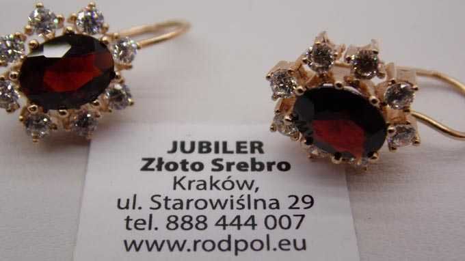 Złote wiszące kolczyki granaty i cyrkonie owalne markizy.