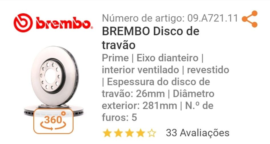 Discos Travão dianteiro Fiat 500 (Brembo)