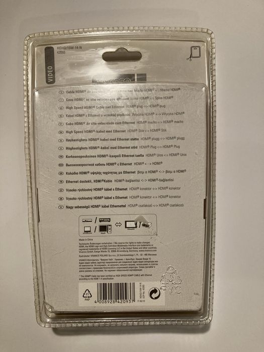 Cabo HDMI Vivanco 1,5m high speed + ethernet 4k branco novo