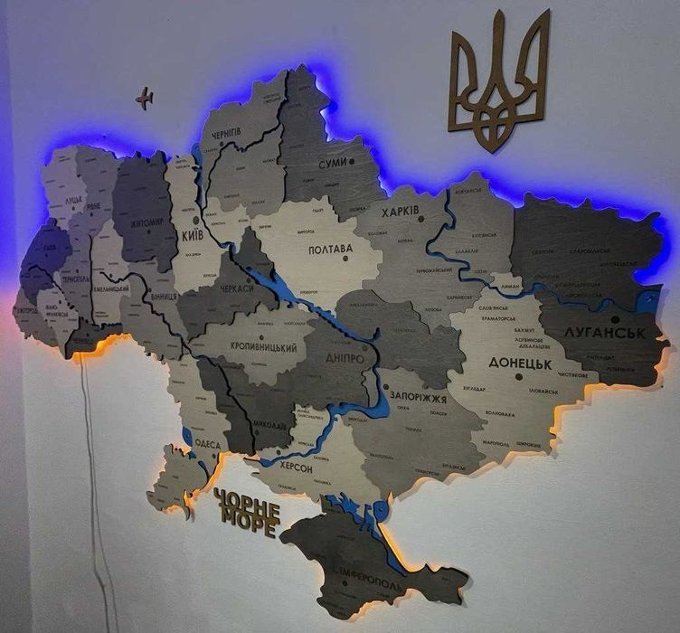 Дерев'яна мапа України з підсвіткою річок карта на стіну панно Україна