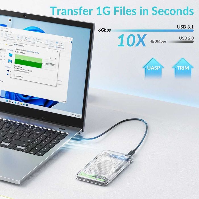 Caixa Transparente Disco Externo 2,5" USB 3.0 - Type-C (Sem Parafusos)