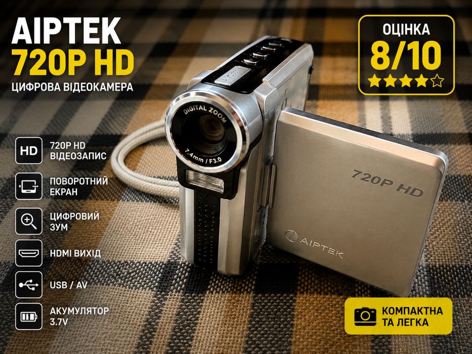Відеокамера  Aiptek 720p HD: об’єктив 7,4 мм F/3.0