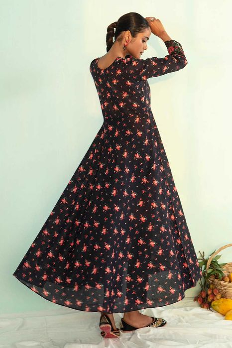 Komplet długa sukienka maxi spodnie M 38 bawełna czarna w kwiaty róże