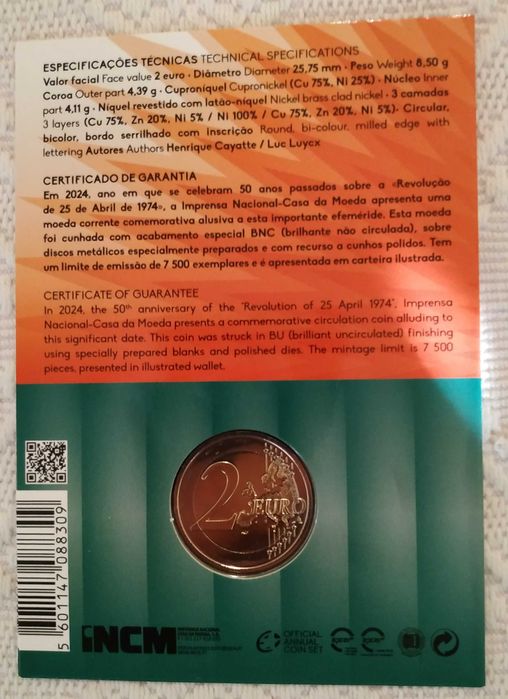 Portugal - moeda BNC de 2 euro de 2024 - 25 de Abril, 50 anos de Liberdade (coincard)